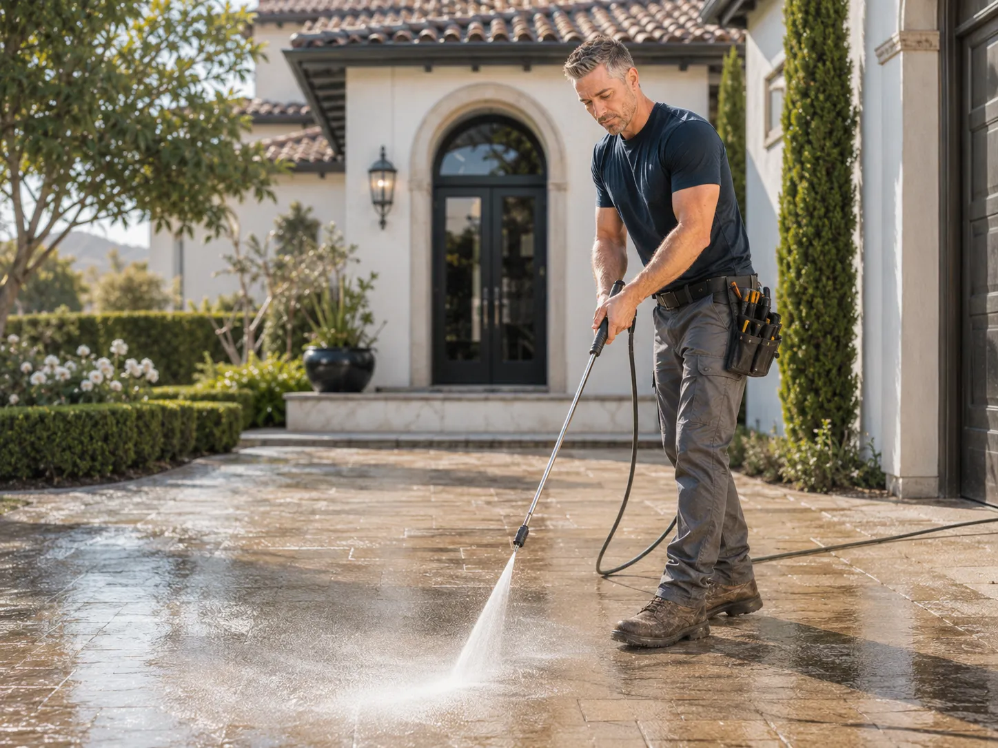Pressure washing a clean residential walkway
